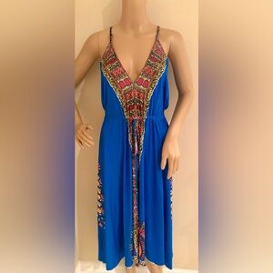 Vibrant Blue Sleeveless Dress Blue Red Jeweled Pattern Medium 8